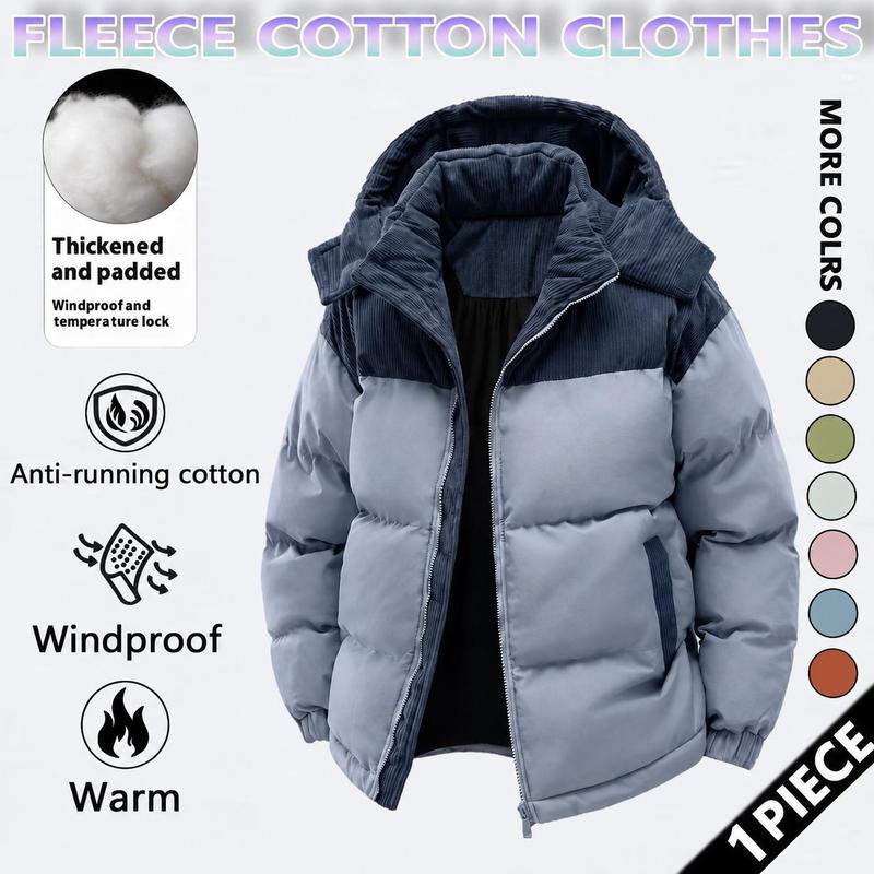 Men's Winter Coat Hooded Fleece Lined Color Block Jacket,Removable Hood, Windproof Padding