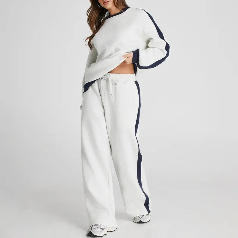 Women's 2-Piece Thermal Fleece Blend Gym Set - Crewneck Drop Shoulder Sweatshirt