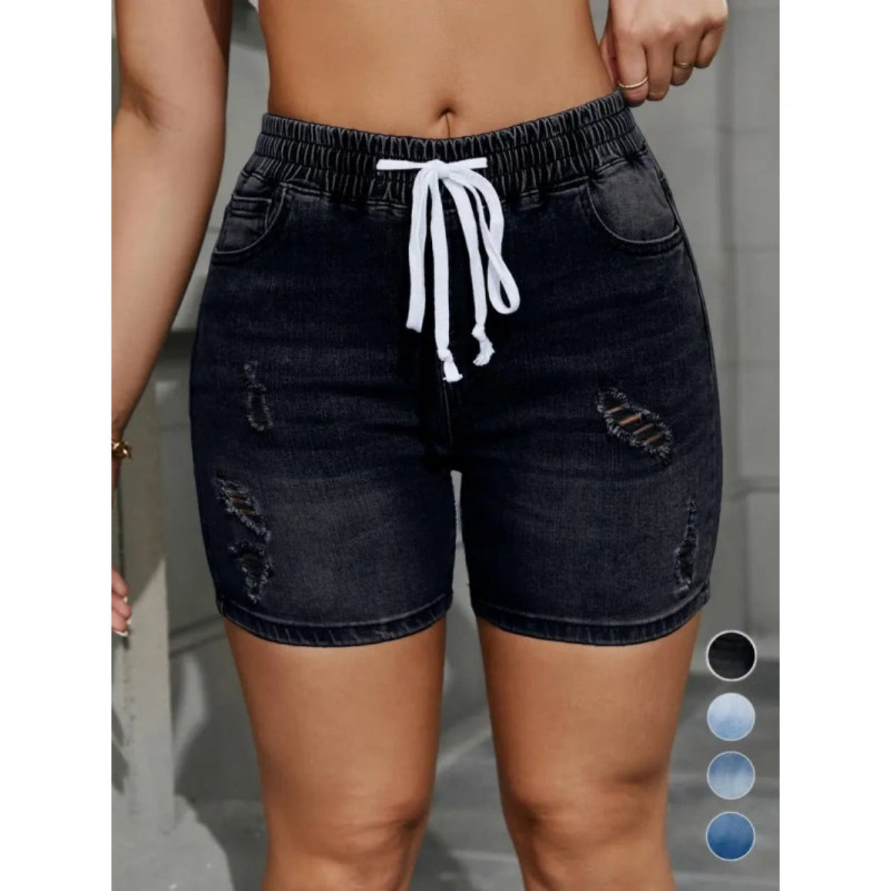 ⭐ Women's High Waisted Drawstring Ripped Denim Shorts with Pockets
