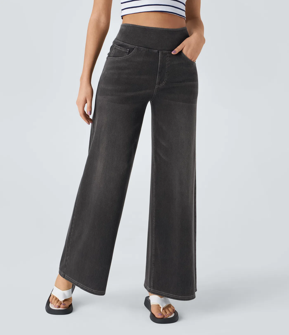 💝Last Day Promotion⚡High Waisted Multiple Pockets Baggy Wide Leg Washed Stretchy Knit Casual Jeans