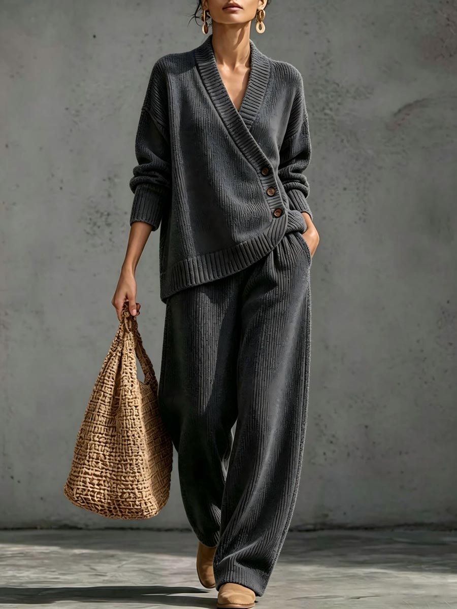 ✨ Women's Ribbed Knit Two-Piece Lounge Set with Asymmetric Buttons