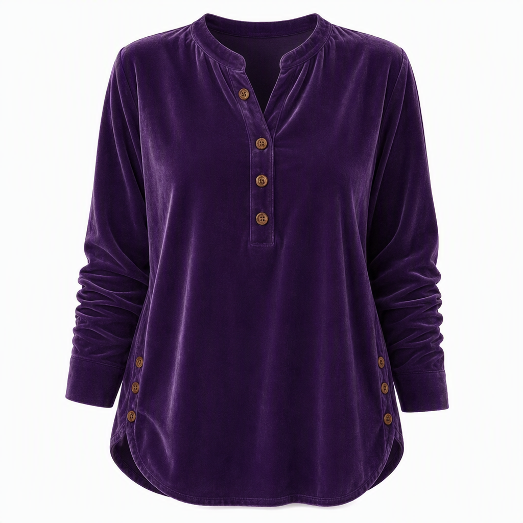 🍂👚Women's Casual Loose Velvet Long Sleeve T-Shirt with Button V-Neck
