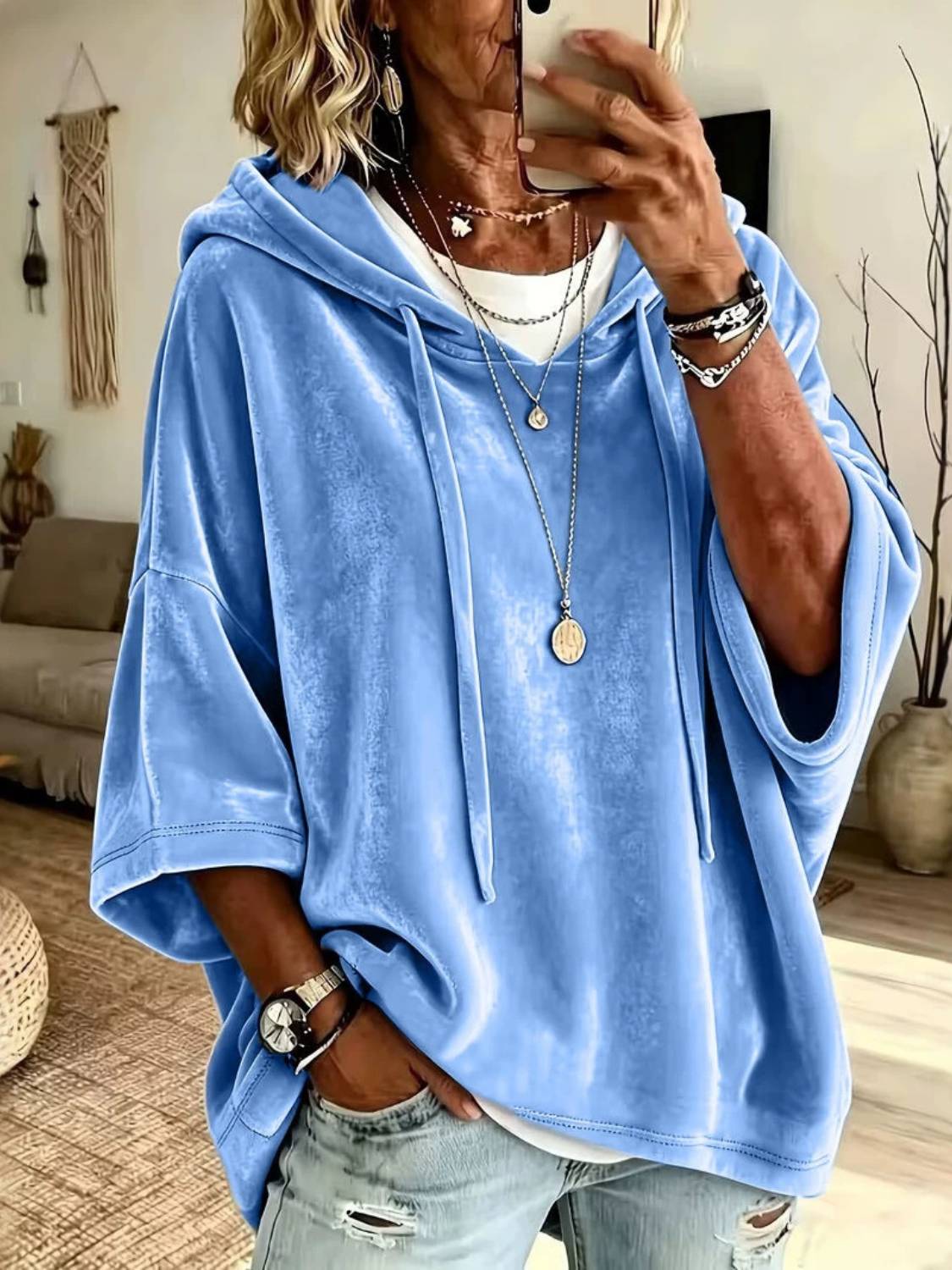 Women’s 3/4 Sleeves Minimalist Velour Hoodie Top