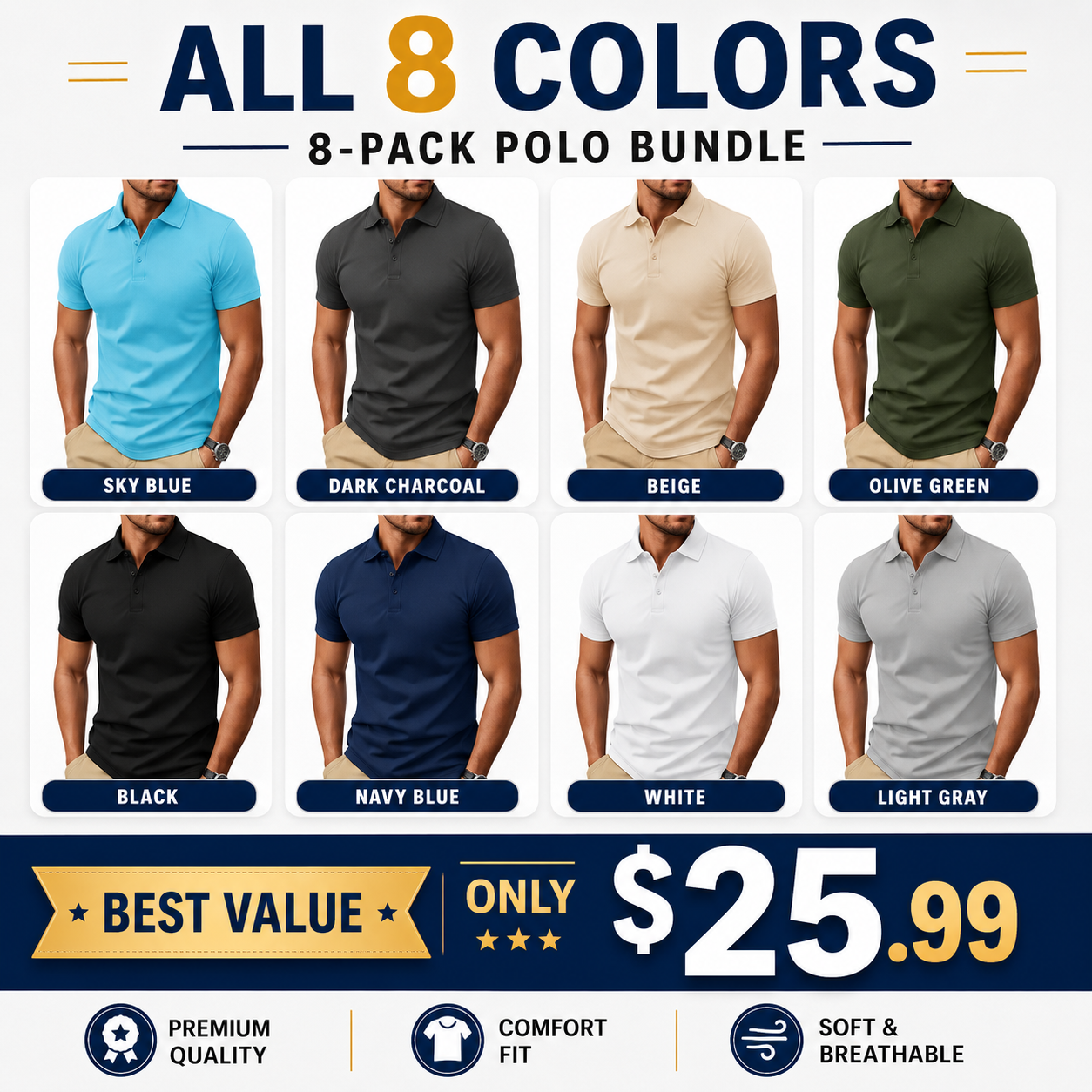 Men's Polo Shirt, Short Sleeve, Soft Cotton Piqué T-Shirt, Three-Button Classic Fit, Casual High-Performance Golf Shirt