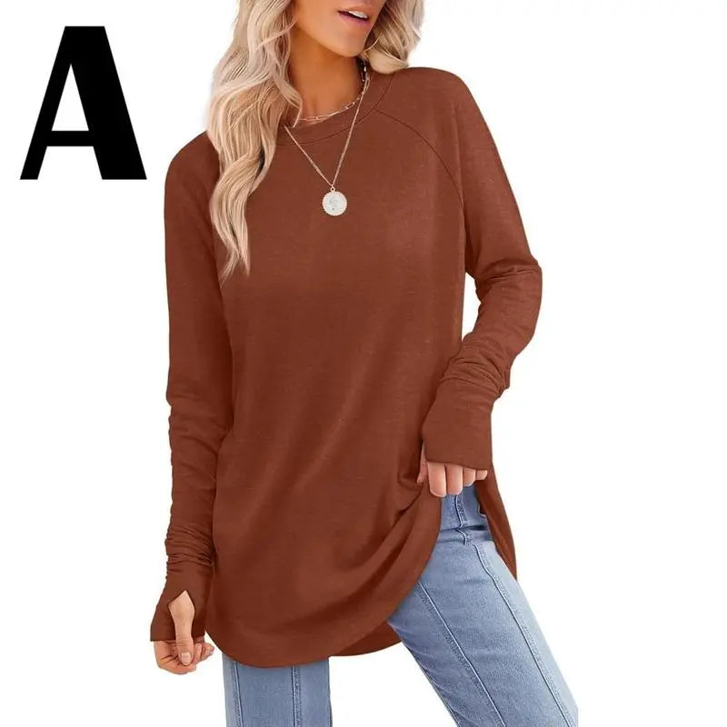 Women's Casual Long Sleeve Tops Crew Neck Round Hem Loose T-Shirts Tunic Tops with Thumb Holes