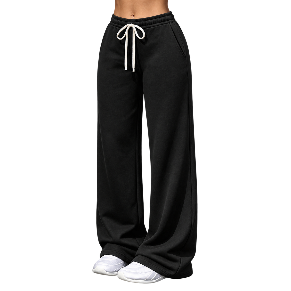 Women's Fleece-Lined Wide Leg Pants – Drawstring Waist Casual Bottoms with Pockets