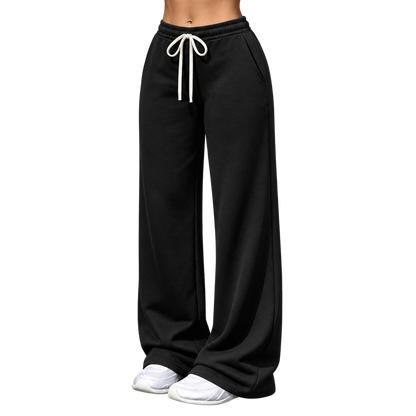 Women's Fleece-Lined Wide Leg Pants – Drawstring Waist Casual Bottoms with Pockets