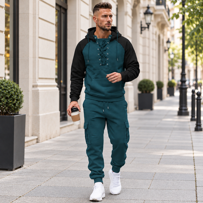 Men's 2-Piece Casual Tracksuit Set with Lace-Up Hoodie and Cargo Jogger Pants