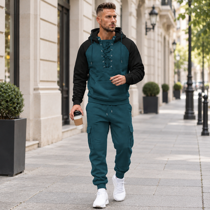 Men's 2-Piece Casual Tracksuit Set with Lace-Up Hoodie and Cargo Jogger Pants