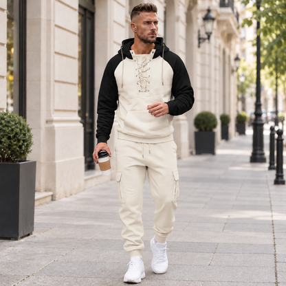 Men's 2-Piece Casual Tracksuit Set with Lace-Up Hoodie and Cargo Jogger Pants
