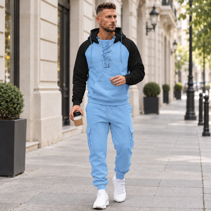 Men's 2-Piece Casual Tracksuit Set with Lace-Up Hoodie and Cargo Jogger Pants