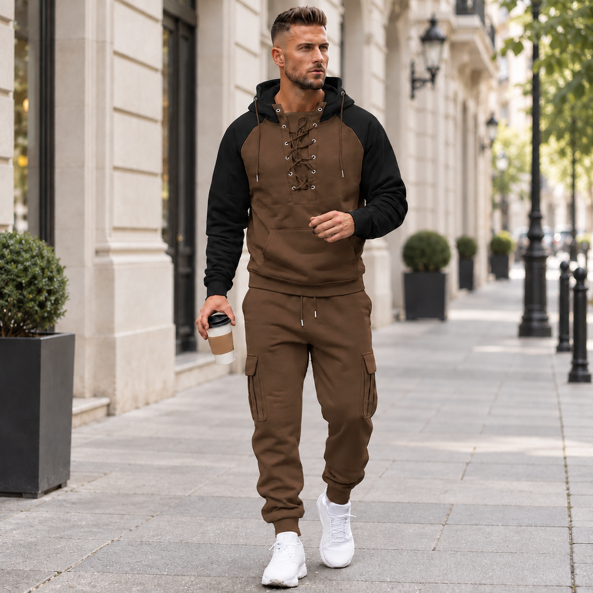 Men's 2-Piece Casual Tracksuit Set with Lace-Up Hoodie and Cargo Jogger Pants