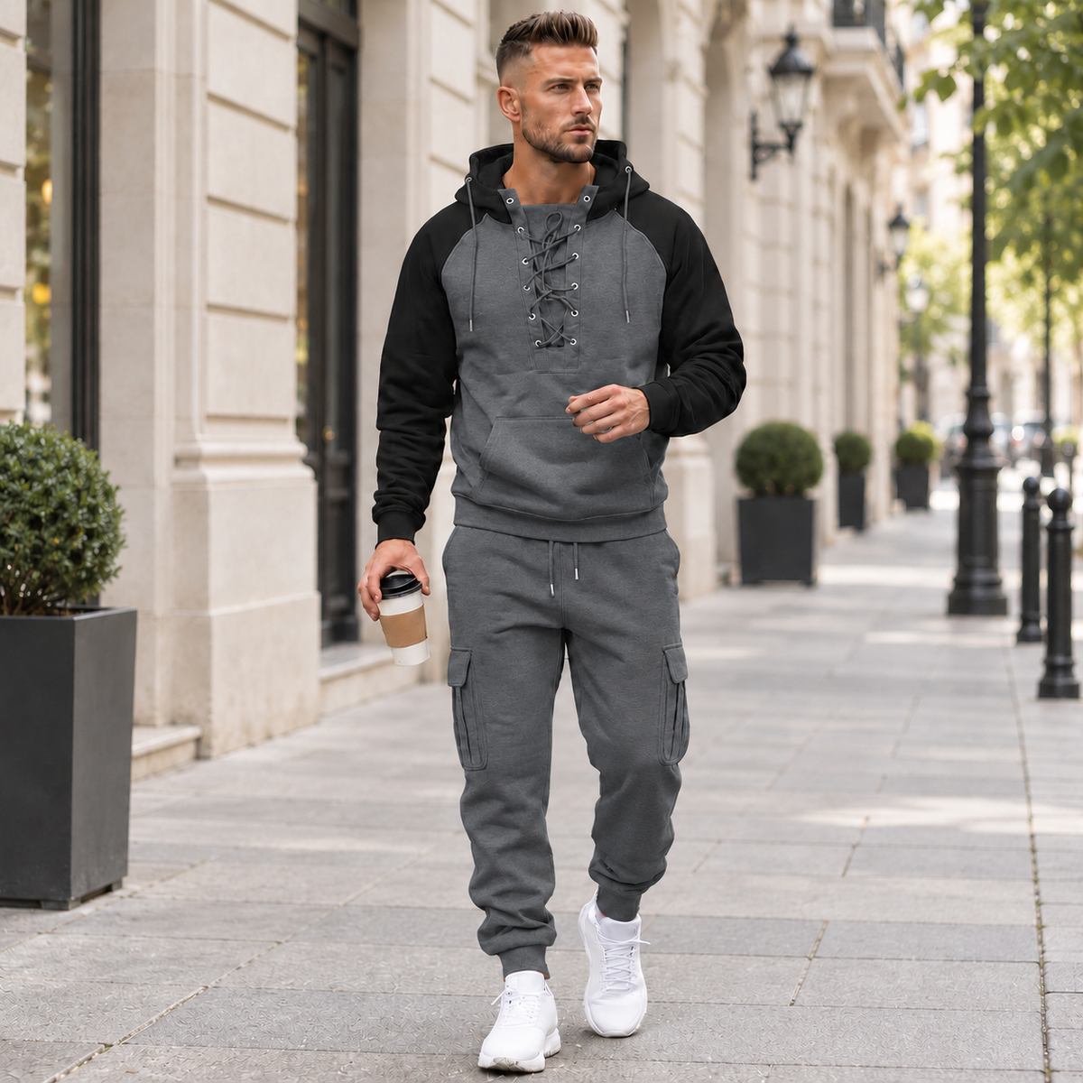 Men's 2-Piece Casual Tracksuit Set with Lace-Up Hoodie and Cargo Jogger Pants