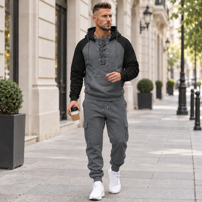 Men's 2-Piece Casual Tracksuit Set with Lace-Up Hoodie and Cargo Jogger Pants