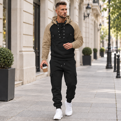 Men's 2-Piece Casual Tracksuit Set with Lace-Up Hoodie and Cargo Jogger Pants