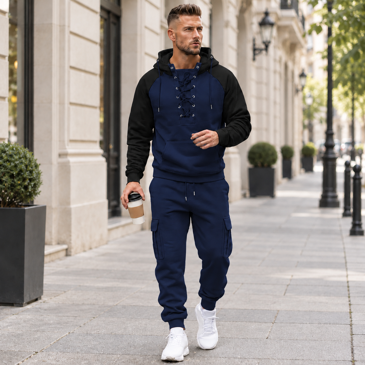 Men's 2-Piece Casual Tracksuit Set with Lace-Up Hoodie and Cargo Jogger Pants