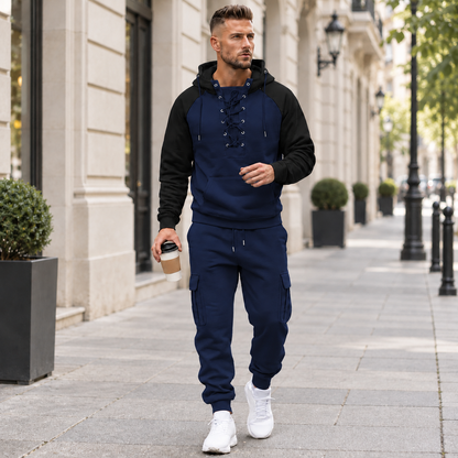 Men's 2-Piece Casual Tracksuit Set with Lace-Up Hoodie and Cargo Jogger Pants
