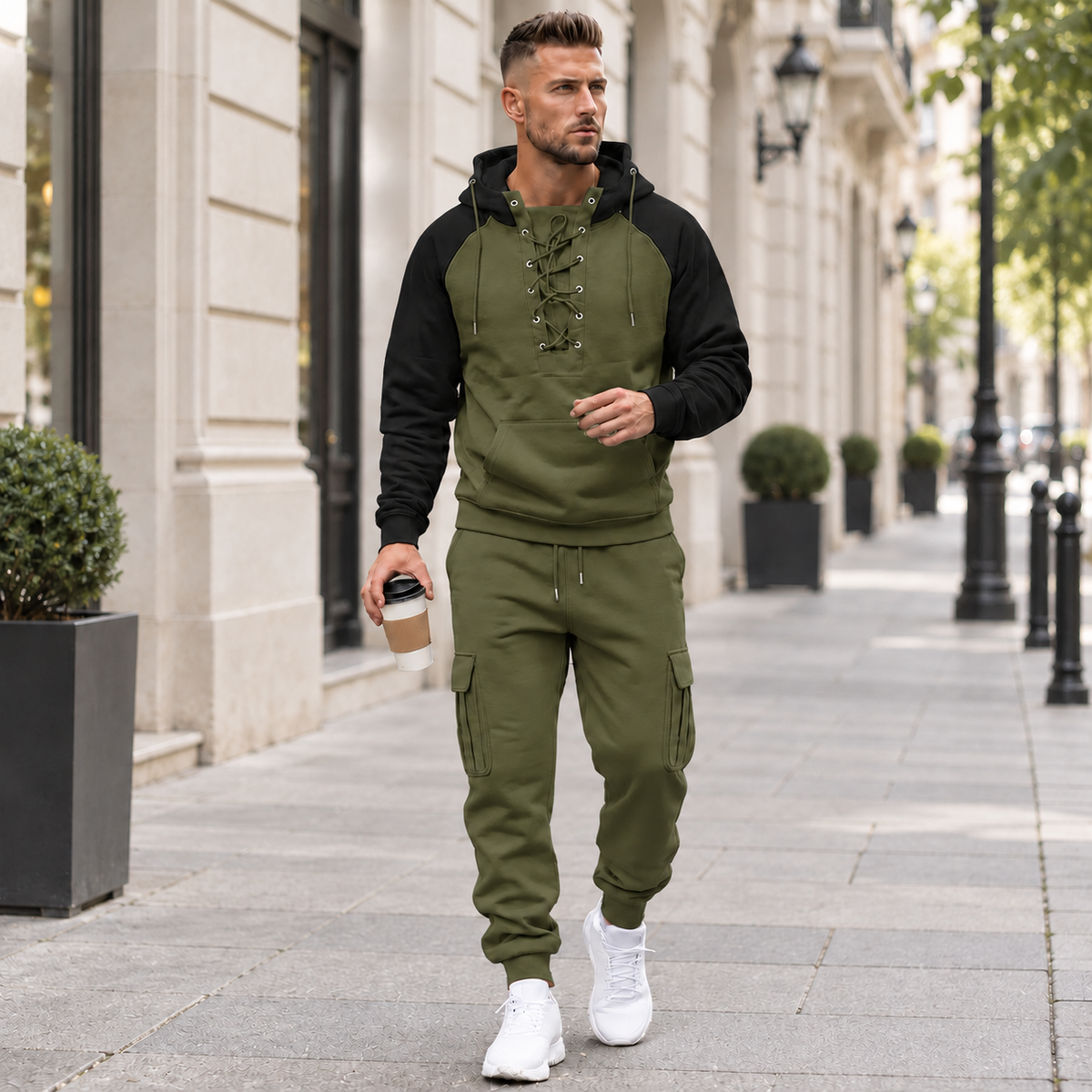 Men's 2-Piece Casual Tracksuit Set with Lace-Up Hoodie and Cargo Jogger Pants