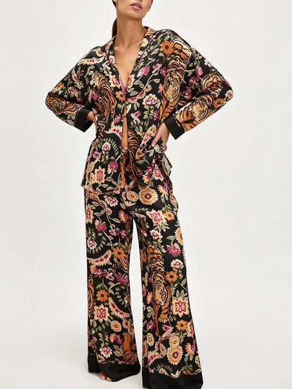 Women's Fall Loungewear Set：Stripe/Plaid/Stripe Print Long Sleeve Lapel Button Tops Long Pants Fall