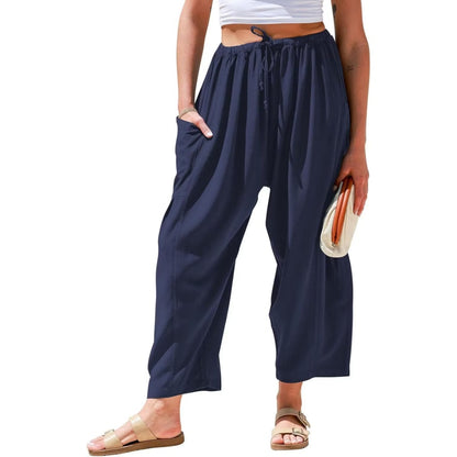 Womens Linen Wide Leg Pants Casual Loose Drawstring Low Waist Beach Palazzo Harem Pants with Pockets
