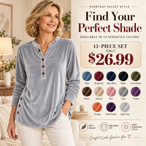 🍂👚Women's Casual Loose Velvet Long Sleeve T-Shirt with Button V-Neck