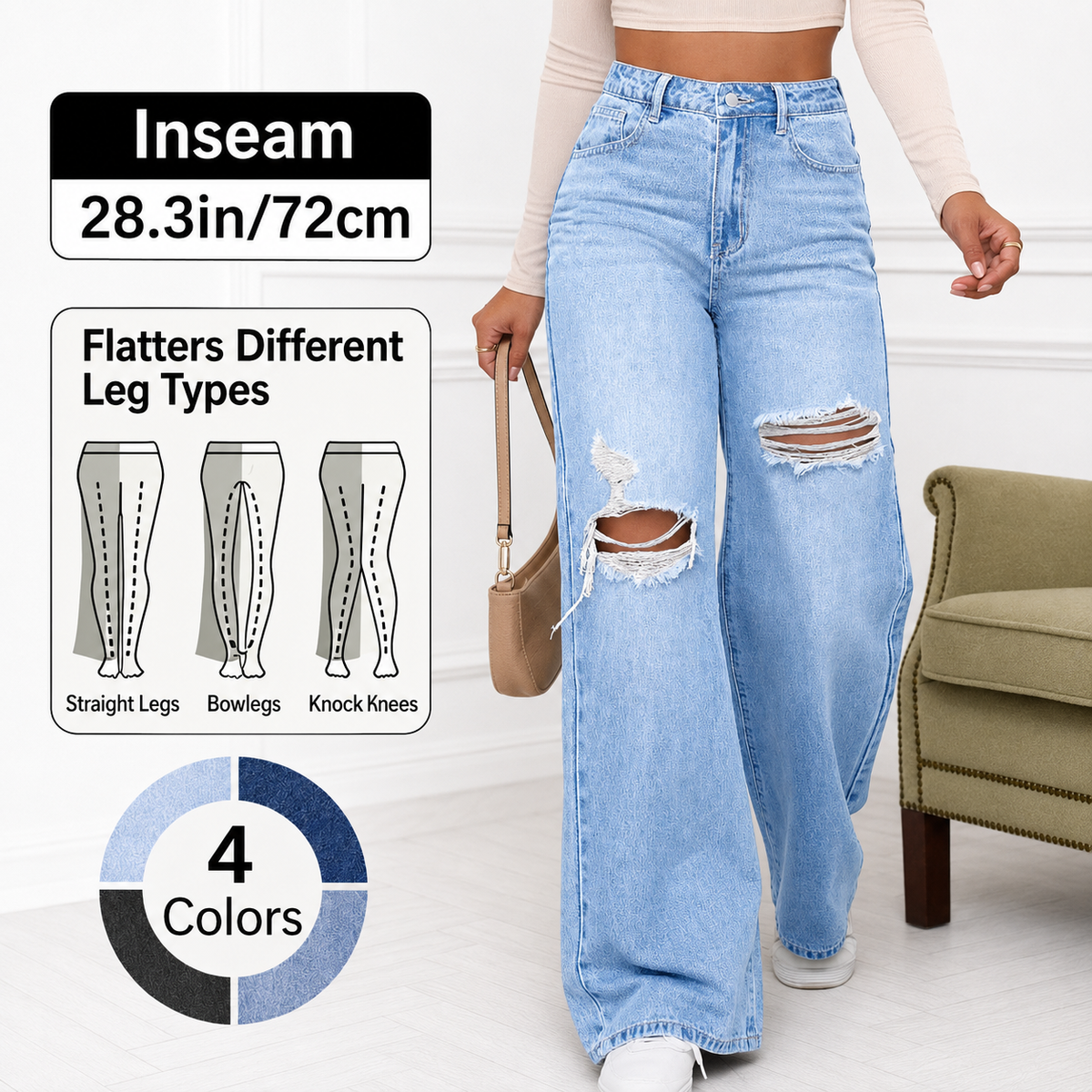 Women's High Rise Ripped Wide Leg Jeans