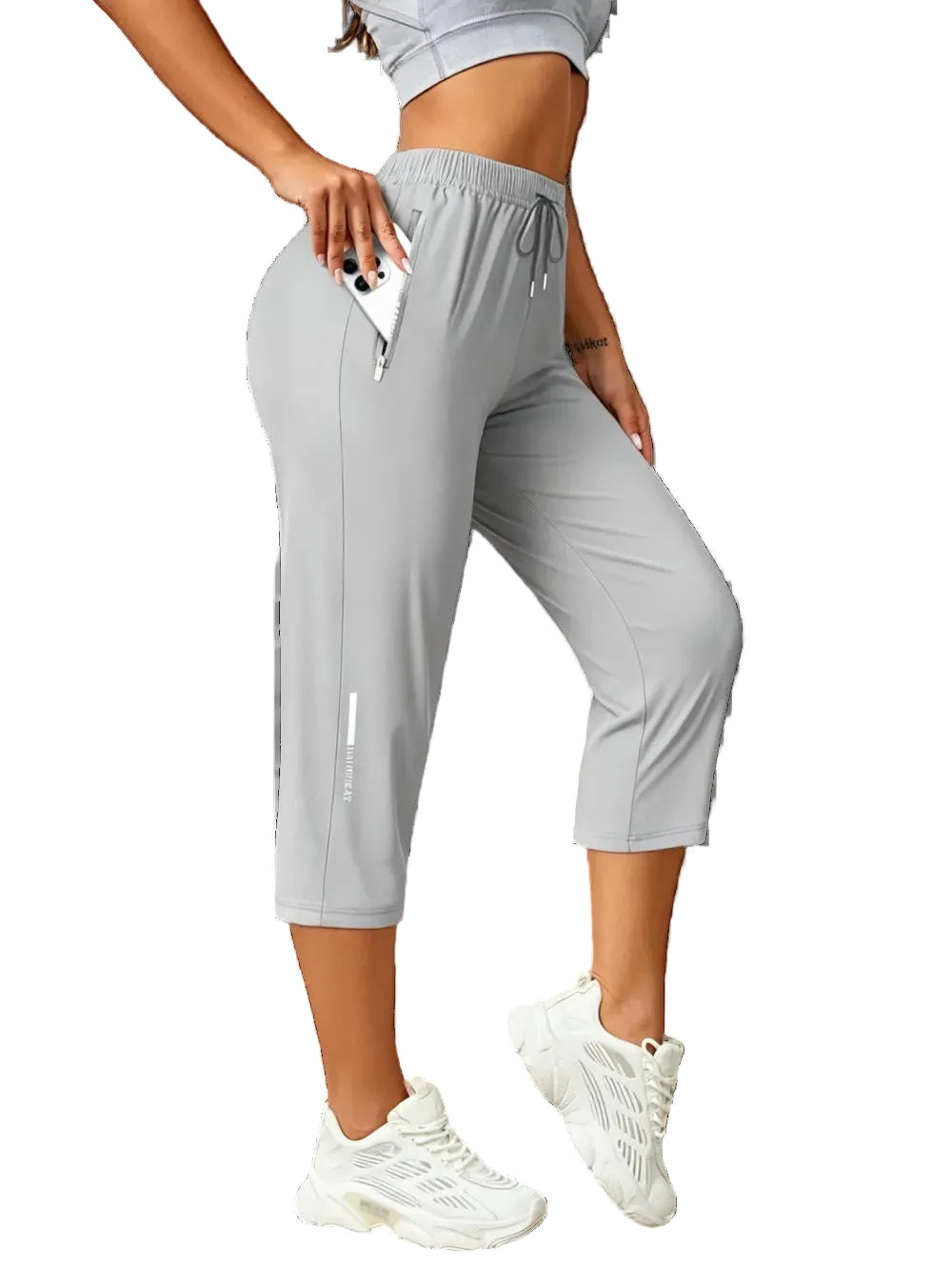 Women's Capris Pants - Loose Fit, Summer Drawstring Waist, Zippered Pockets, Breathable High-Stretch Fabric, Suitable for Everyday Wear