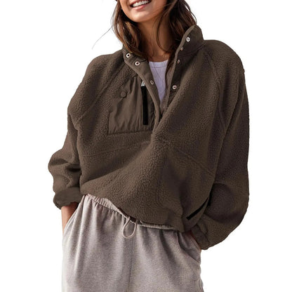 Women's Colorblock Cropped Sherpa Fleece Jacket Soft Long Sleeve Pullover with Pockets, Casual Trendy Layering Outerwear