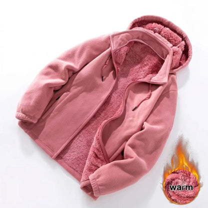 Women's Fleece Cardigan Jacket with Detachable Hood, Thick Warm Lining, Stylish Loose-Fit Casual Coat