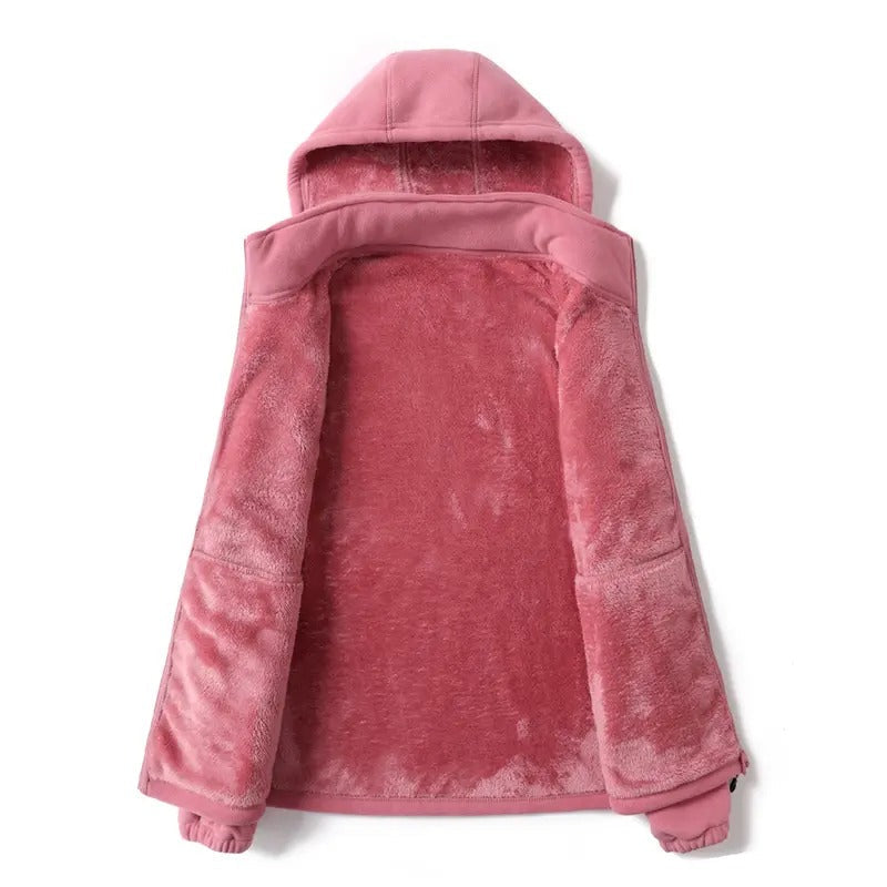 Women's Fleece Cardigan Jacket with Detachable Hood, Thick Warm Lining, Stylish Loose-Fit Casual Coat