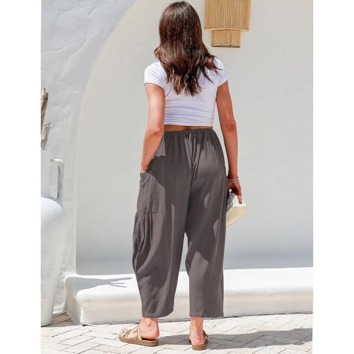 Womens Linen Wide Leg Pants Casual Loose Drawstring Low Waist Beach Palazzo Harem Pants with Pockets