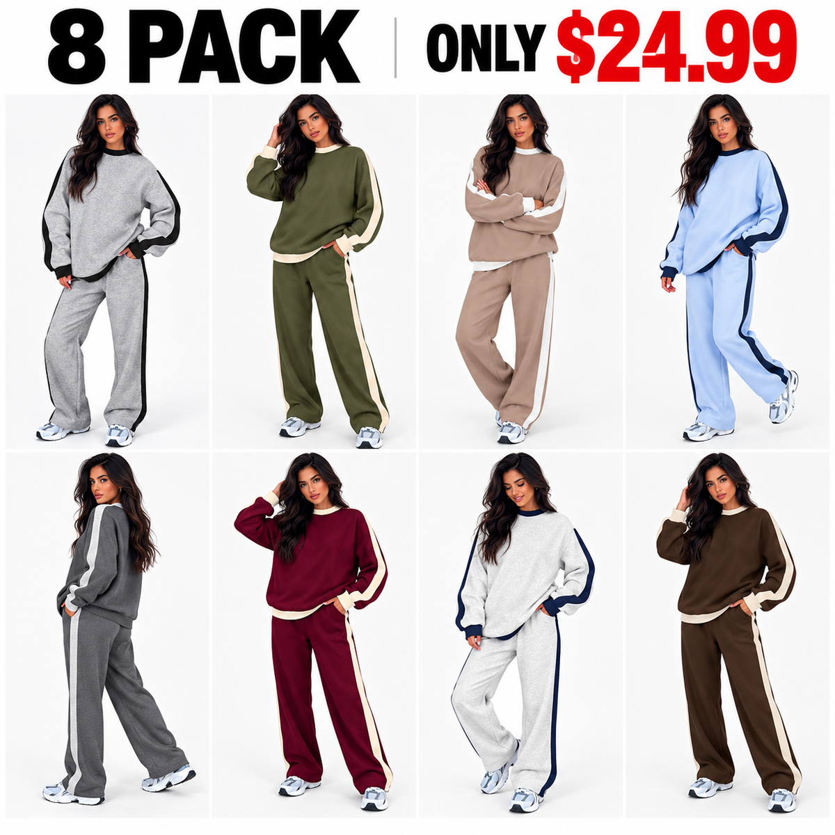 Women's 2-Piece Thermal Fleece Blend Gym Set - Crewneck Drop Shoulder Sweatshirt