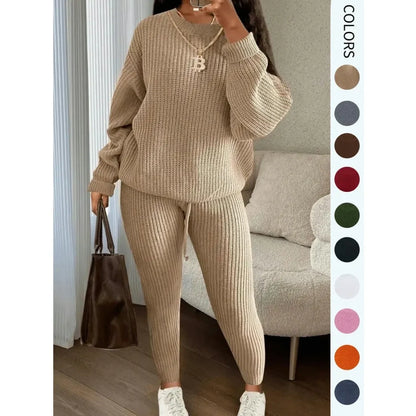 Women's Solid Drop Shoulder Long Sleeve Sweater & Drawstring Waist Pants Set