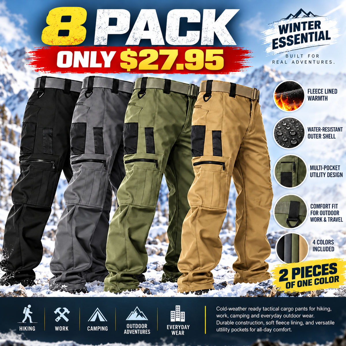 Men's Fleece Lined Work Pants, Warm Windproof Tactical Cargo Pants with Multi-Pockets