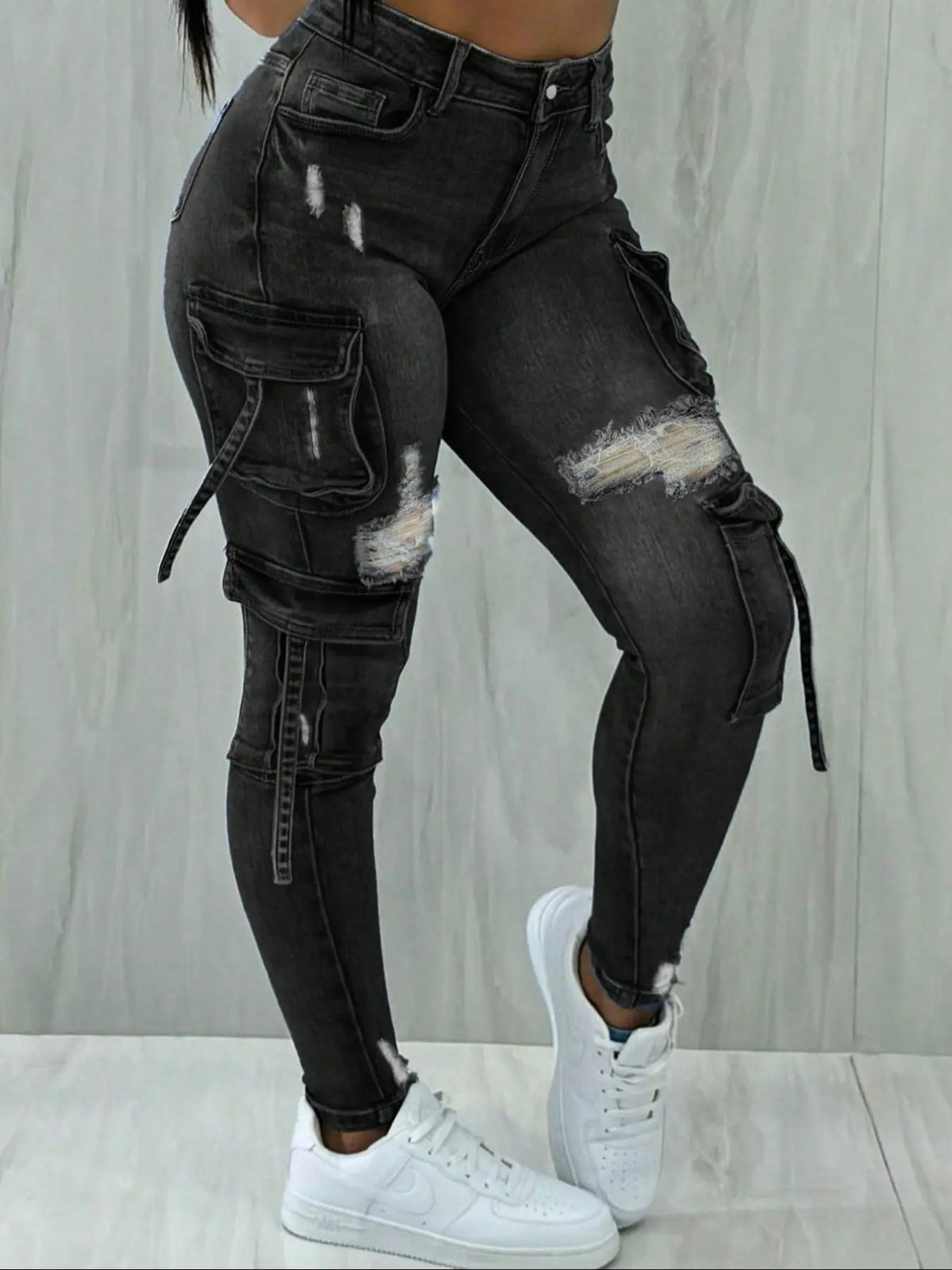 Y2K Womenswear Streetwear Multi-pocket Cropped Work Stretchy Skinny Cargo Denim Jeans Pants