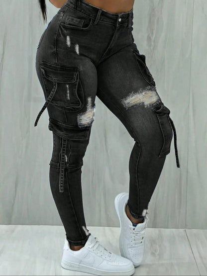 Y2K Womenswear Streetwear Multi-pocket Cropped Work Stretchy Skinny Cargo Denim Jeans Pants