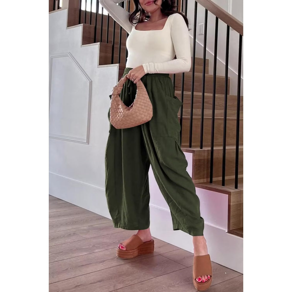Womens Linen Wide Leg Pants Casual Loose Drawstring Low Waist Beach Palazzo Harem Pants with Pockets