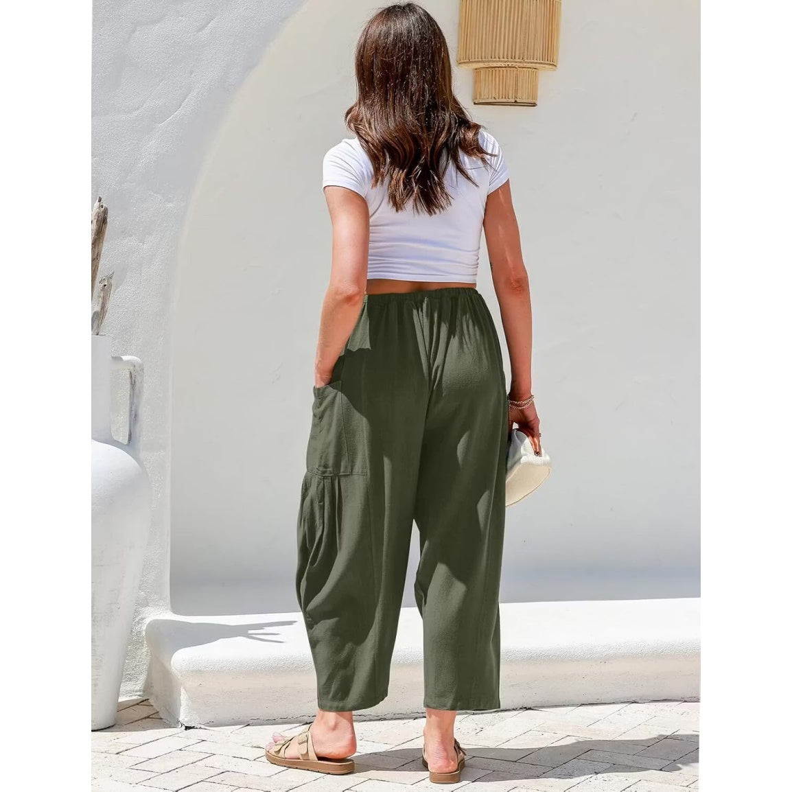 Womens Linen Wide Leg Pants Casual Loose Drawstring Low Waist Beach Palazzo Harem Pants with Pockets