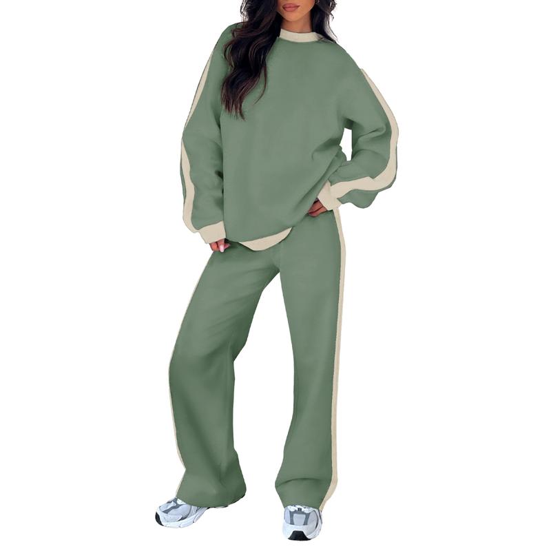 Women's 2-Piece Thermal Fleece Blend Gym Set - Crewneck Drop Shoulder Sweatshirt