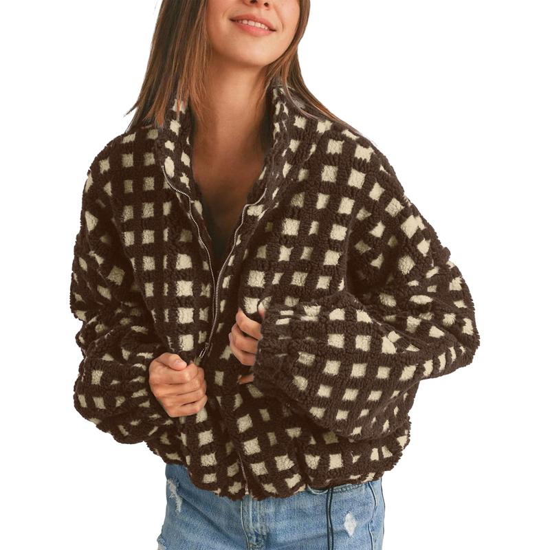 Women Winter Fleece Jacket Plaid Fleece Warm Coat Long-sleeve Zippered Sherpa Jacket with Pockets