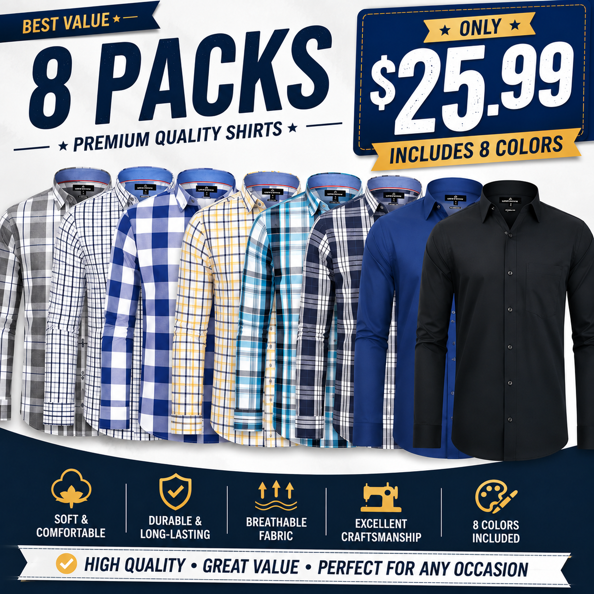 Clearance sale! Men's Plaid Button Down Shirts Cotton Long Sleeve Dress Shirts Regular Fit Gingham Shirts