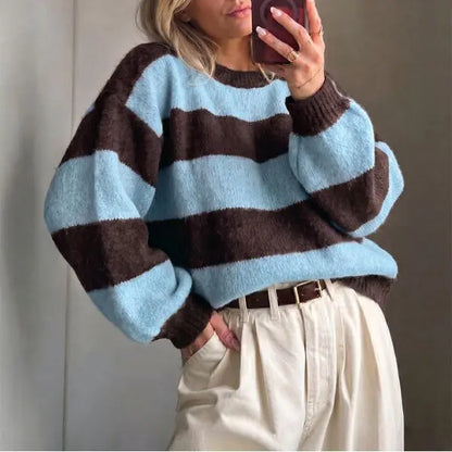 Retro Color Block Stripe Sweater, Oversized Knit Top