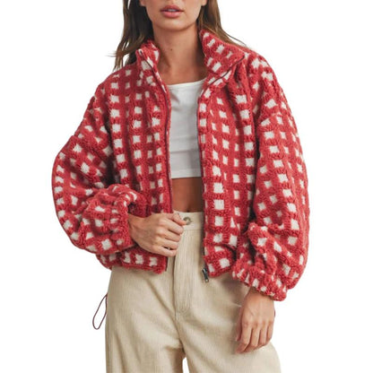 Women Winter Fleece Jacket Plaid Fleece Warm Coat Long-sleeve Zippered Sherpa Jacket with Pockets