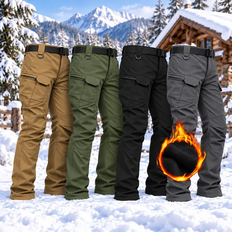 Men's Fleece-Lined Tactical Cargo Pants, Windproof Warm Work Pants with Multi-Pockets