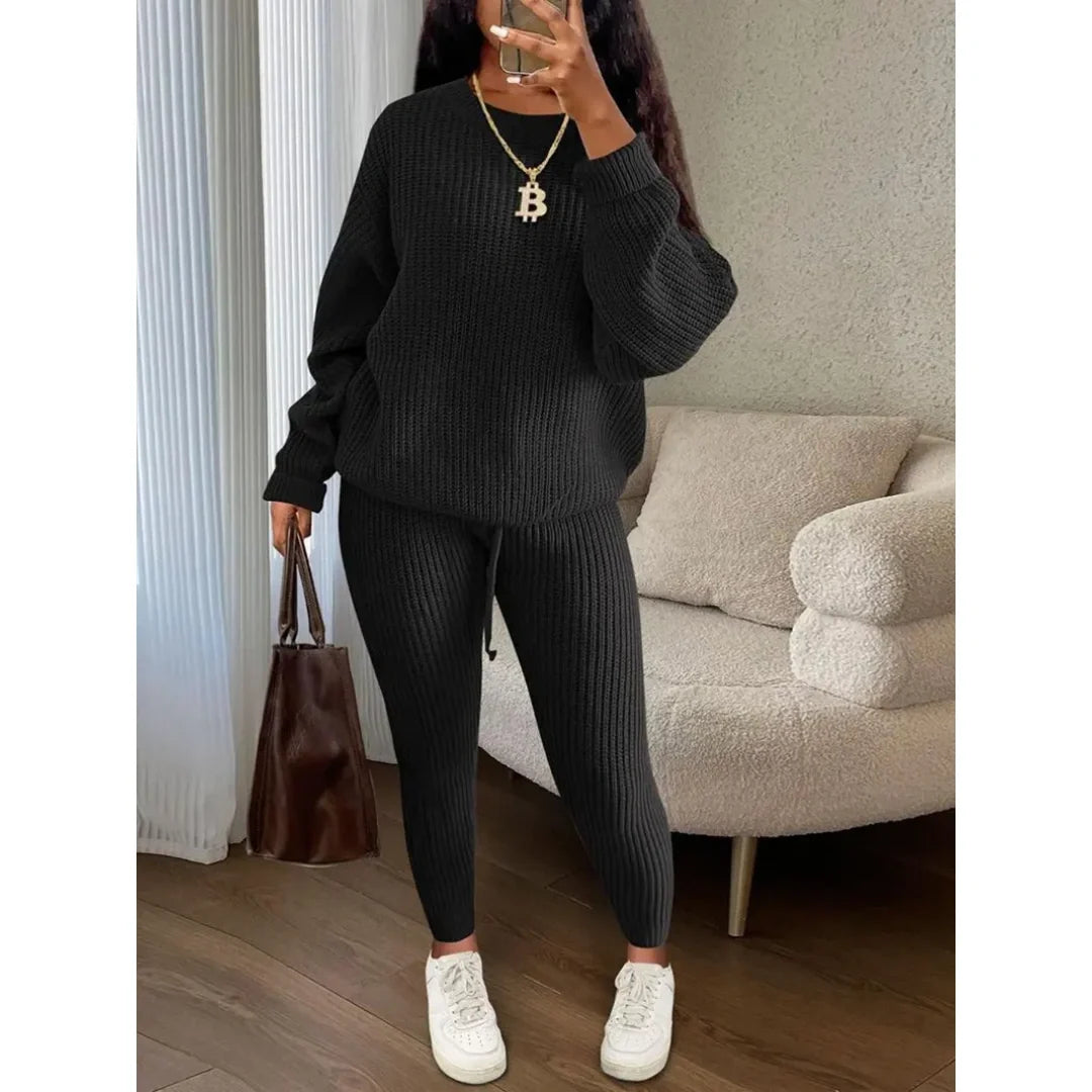 Women's Solid Drop Shoulder Long Sleeve Sweater & Drawstring Waist Pants Set