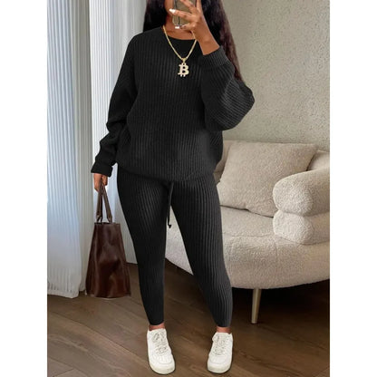 Women's Solid Drop Shoulder Long Sleeve Sweater & Drawstring Waist Pants Set