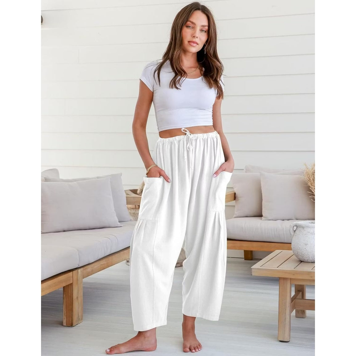 Womens Linen Wide Leg Pants Casual Loose Drawstring Low Waist Beach Palazzo Harem Pants with Pockets