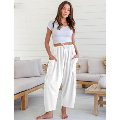 Womens Linen Wide Leg Pants Casual Loose Drawstring Low Waist Beach Palazzo Harem Pants with Pockets