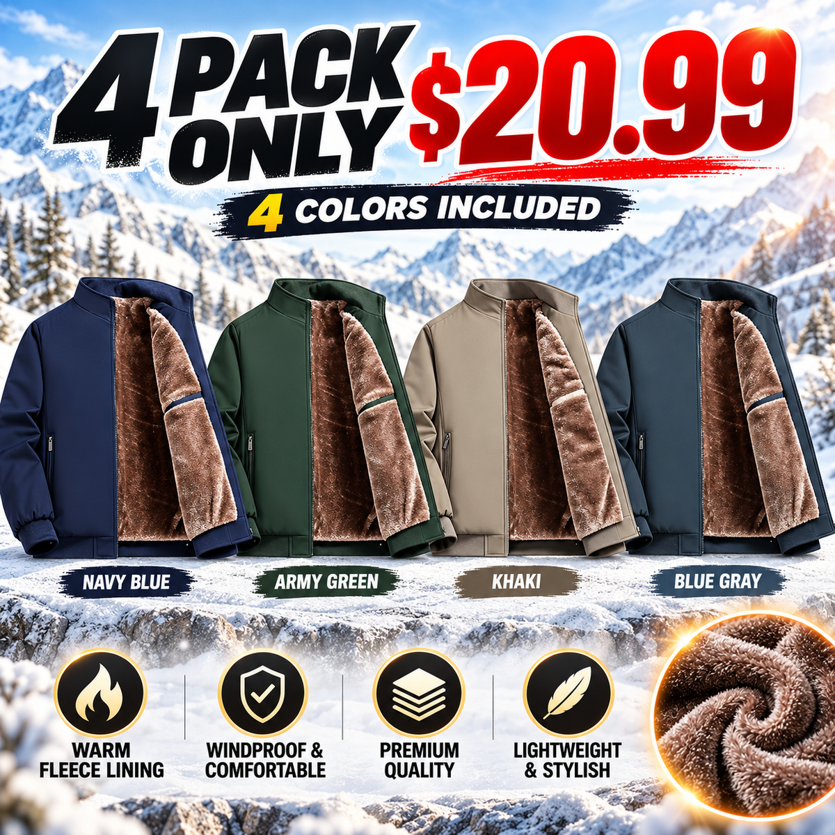 Men's Solid Color Plain Zip Up Thick Thermal Lined Fleece Jacket, Coats, Regular Fit Casual Long Sleeve Zip