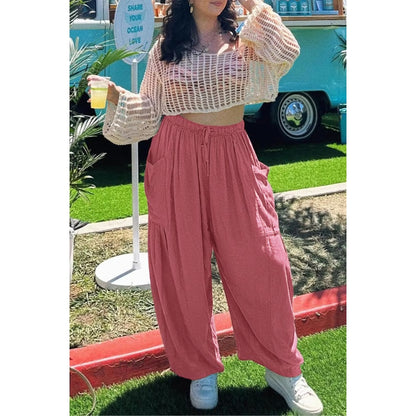 Womens Linen Wide Leg Pants Casual Loose Drawstring Low Waist Beach Palazzo Harem Pants with Pockets